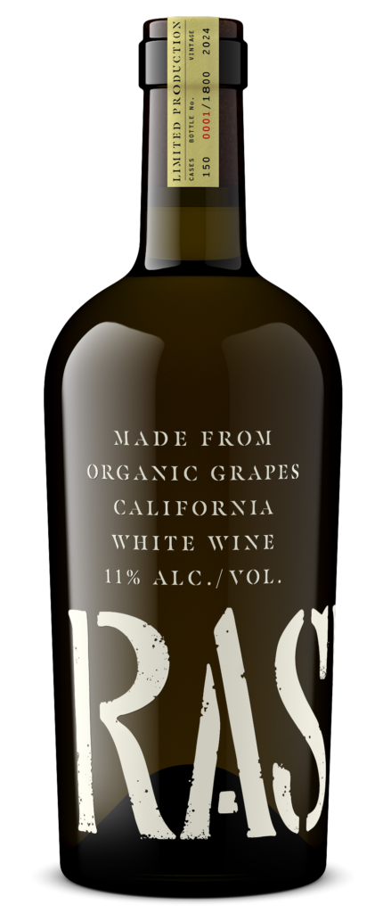 A bottle of RAS white wine labeled as made from organic grapes in California, 11% alcohol by volume, with a limited production tag on the neck.